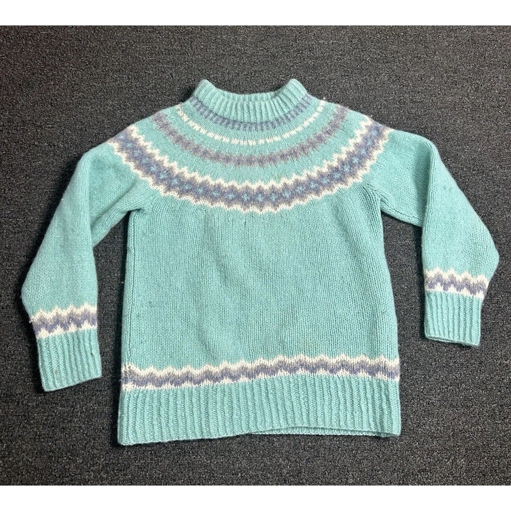 Vintage Woodstock By Bernard Wool Fair Isle Sweater Teal Womens 38 Hand Knit